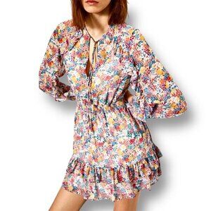 ZARA Pink Floral Ruffle Tiered Long Sleeve Mini Dress Boho Cottagecore Fairy L
